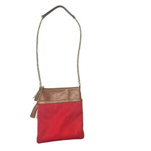 Samantha Brown Red Crossbody Travel Getaways Bag Purse Metal Strap Tassels Brown